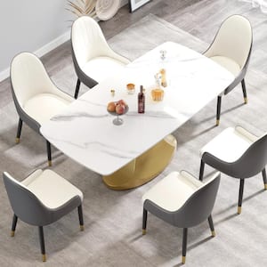 70.87 in. White Sintered Stone Tabletop Gold Pedestal Leg Dining Table with Anti-Collision Arc Corner (Seats 6)