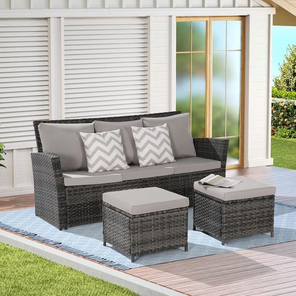 Unbranded 3 Piece All-Weather Outdoor Wicker Sofa Rattan Patio Conversation Sets with Gray Cushion & Two Ottoman