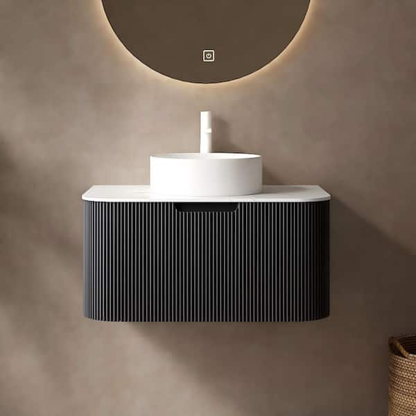 Ziyudura 30 in. Single Sink Floating Curved Edge Black Bath Vanity with White Marble Top (Assembled), Round Sink