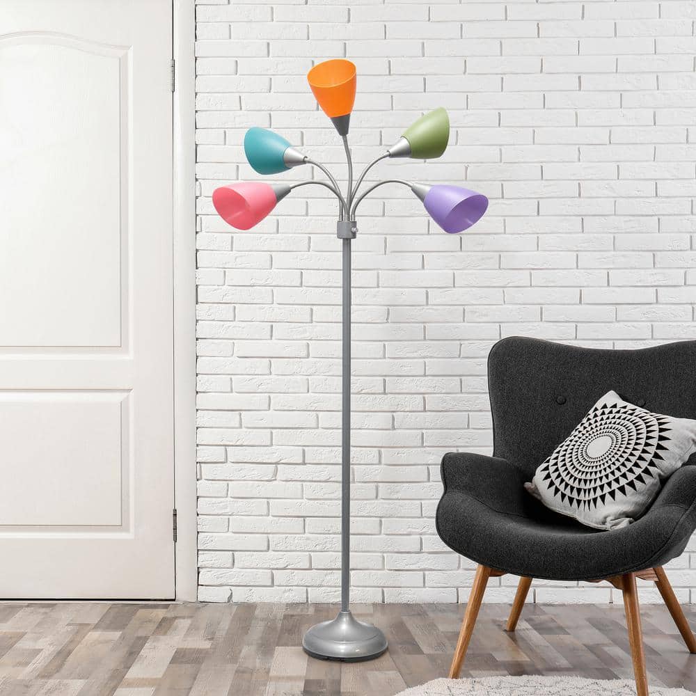 67" Silver Multi-Head Adjustable Gooseneck Floor Lamp with Multicolor Shades