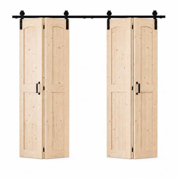 48 in. x 84 in. 2-Panel Arch Top Natrual Wood Unfinished Spruce Solid Core Sliding Barn Door with Hardware Kit