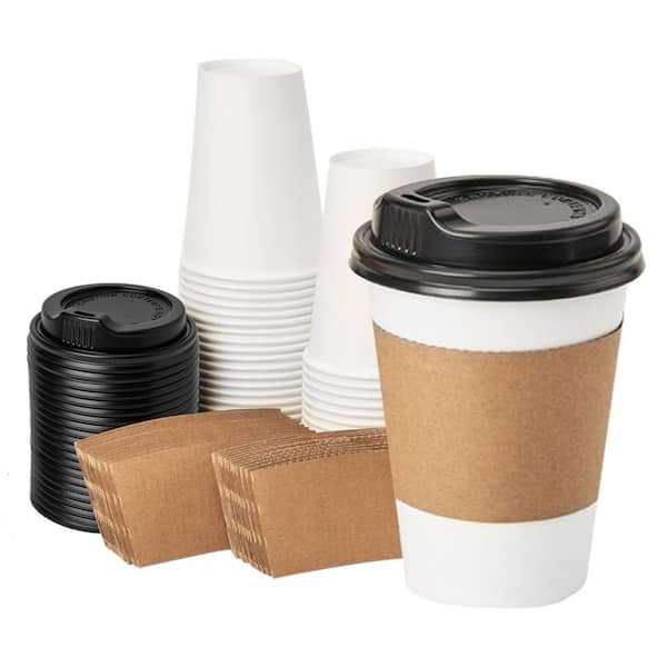 12 oz. Disposable Paper Coffee Cups with Lids and Sleeves for Kitchen, Coffee and Hot Drinks (50-Pack)