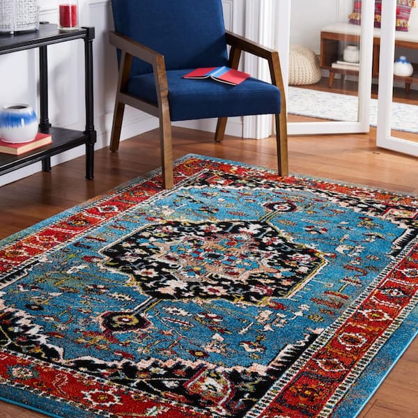 Vintage Hamadan 7 ft. x 9 ft. Blue/Red Ornate Medallion Area Rug