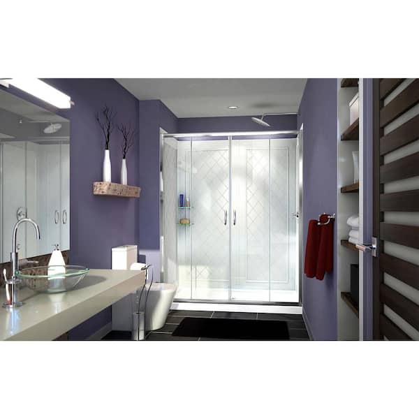 Visions 60 in. W x 34 in. D x 76-3/4 in. H Semi-Frameless Shower Door in Chrome with White Base and Backwalls