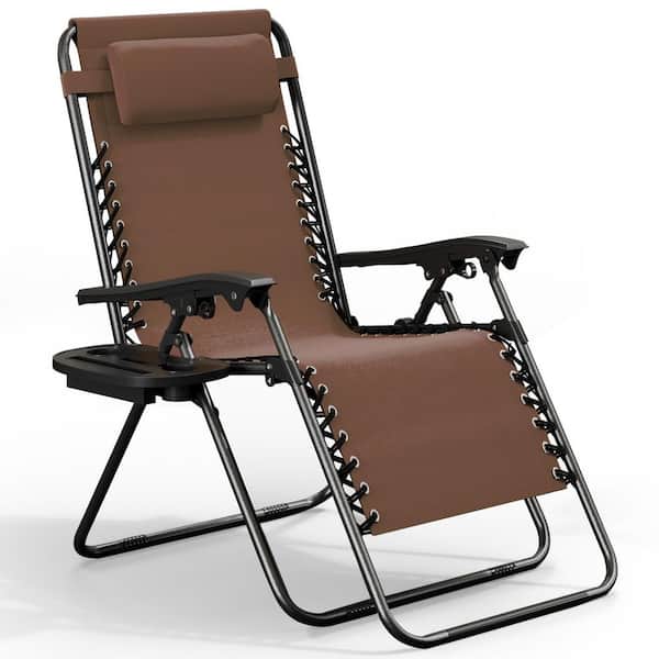 Brown Zero Gravity Chairs, Metal Outdoor Lawn Chair with Pillow and Cup Holder Tray