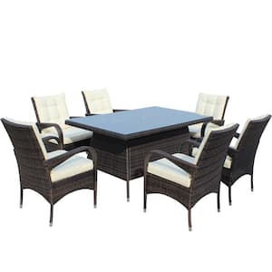 7-Piece Wicker Rectangular Outdoor Dining Set with 6 Dining Chairs and Beige Cushion