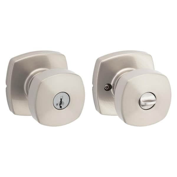 Kwikset Arroyo Satin Nickel Keyed Entry Door Knob with Soft Modern Rose featuring SmartKey Security