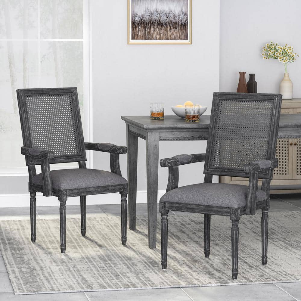 Elegant Gray Fabric Upholstered High-Back Arm Chair with Cane Detail, Set of 2