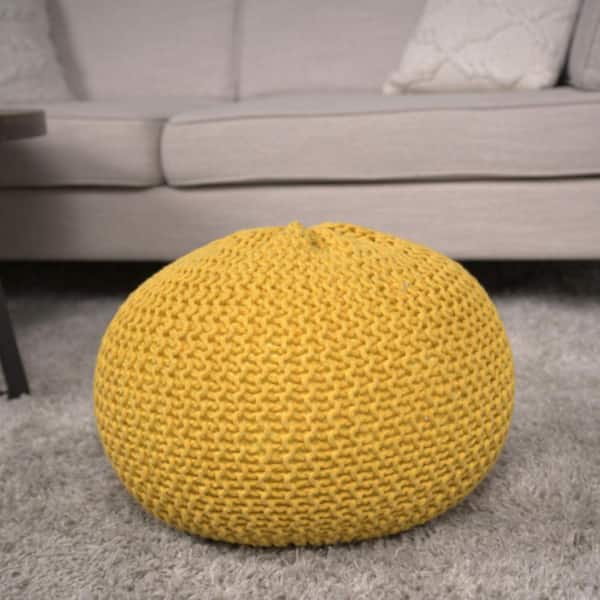 Bordeaux Knitted Cotton Round Pouf, Yellow, Versatile Ottoman and Floor Cushion