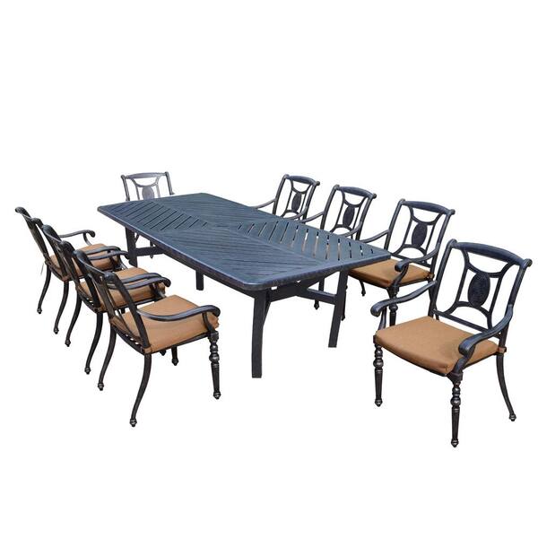 Oakland Living Brown 9-Piece Aluminum Rectangular Outdoor Patio Dining Set with 8 Stackable Chairs with Brown/Rust Sunbrella Cushions