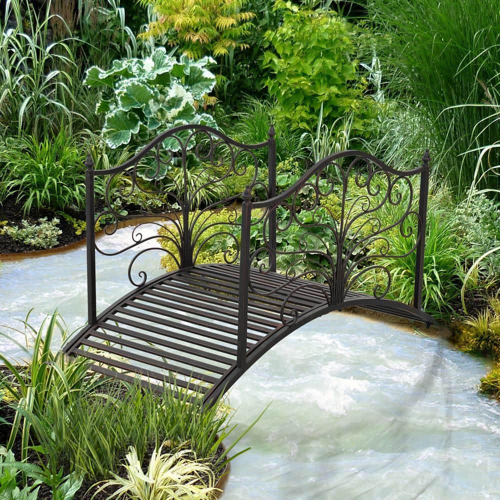 Black Bronze 4-Foot Metal Arched Garden Bridge with Scrollwork