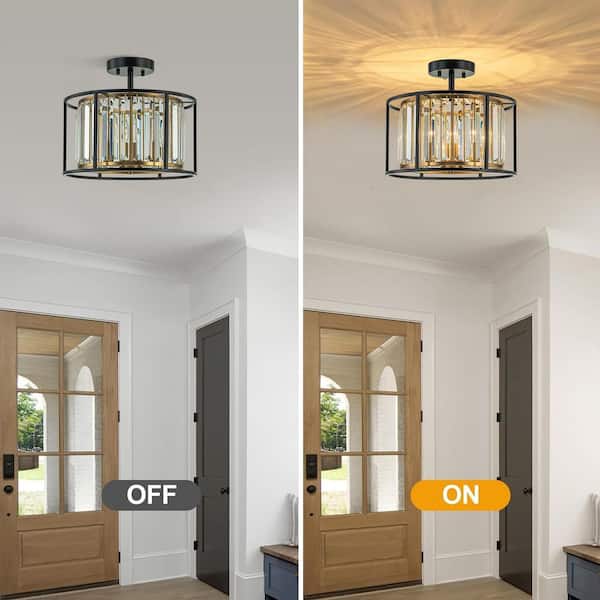 13.98 In. 3-Light Matte Black Modern Crystal Semi Flush Mount Ceiling Light Fixture With Cage Frame and No Bulb Included