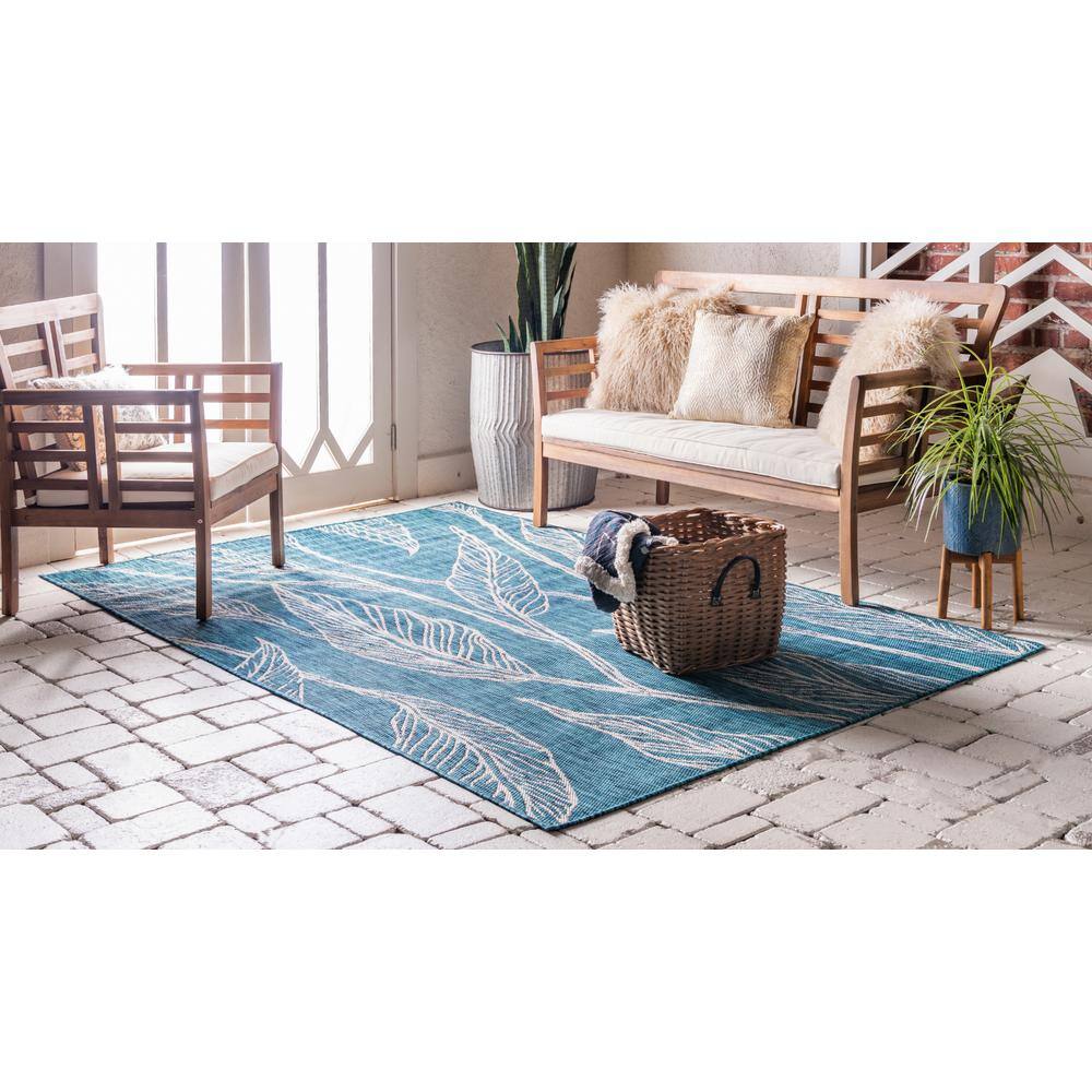 Teal and Ivory Botanical Outdoor Rectangular Rug 4' x 6'