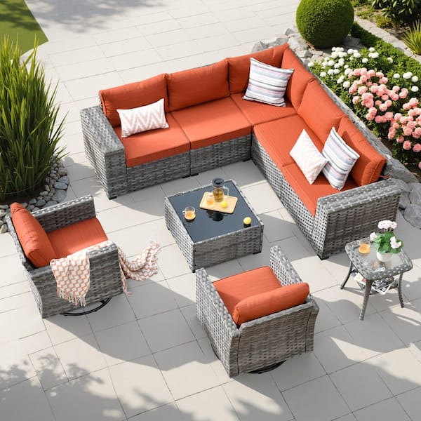 HOOOWOOO Crater Grey 9-Piece Wicker Wide-Plus Arm Patio Conversation Sofa Set with Swivel Rocking Chairs and Orange Red Cushions