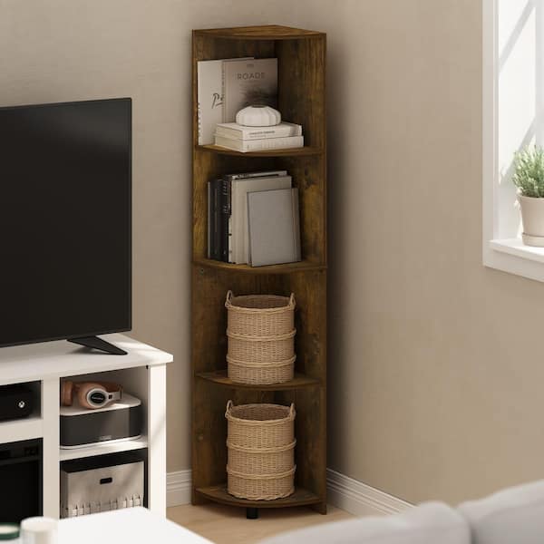 Furinno Econ 57.13 in. Tall Amber Pine Wood 4-Shelf Corner Bookcase