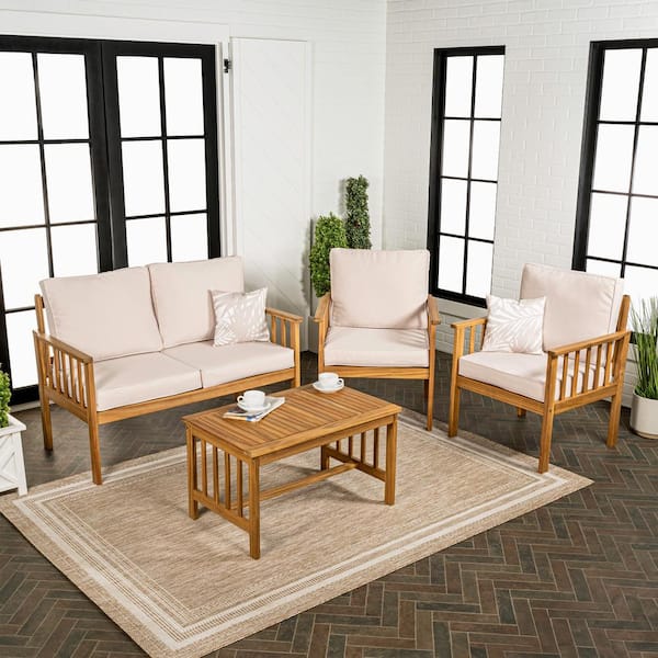 Everly 4-Piece Cottage Acacia Wood Outdoor Patio Set and Tropical Decorative Pillows, Beige/Teak Brown Cushions