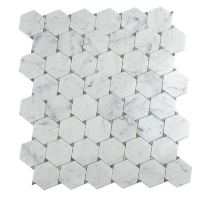 Athens White 10.9 in. x 12.5 in. Hexagon Polished Bianco Carrara Bardiglio Marble Mosaic Tile (4.73 sq. ft./case) 5-Pack