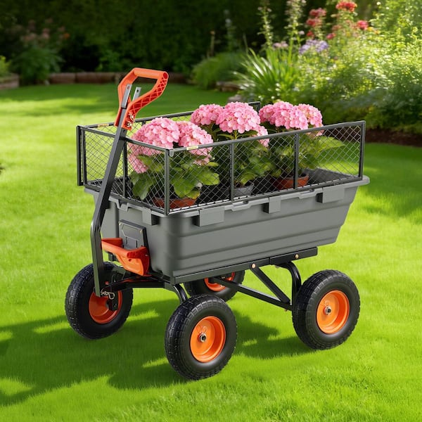 Garden Dump Cart, 10 cu.ft. Polypropylene Garden Cart with Storage Fence, 2-in-1 Handle, 1200 lbs. Capacity, 2025 update