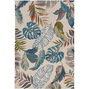 Harbor Ivory/Teal Palms 5 ft. x 8 ft. Indoor/Outdoor Accent Rug