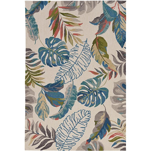 Kas Rugs Harbor Ivory/Teal Palms 5 ft. x 8 ft. Indoor/Outdoor Accent Rug