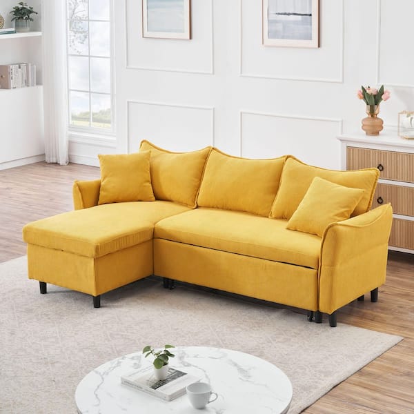 Yellow 80 in. Corduroy Chenille L-Shaped 3-Seater Full Size Sofa Bed with Pull-Out Bed, 2 Throw Pillows and Storage