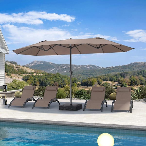 PURPLE LEAF 15 ft. Gray Aluminum Market Patio Umbrella with Double-Sided Outdoor Table Sun Umbrellas with Base in Taupe