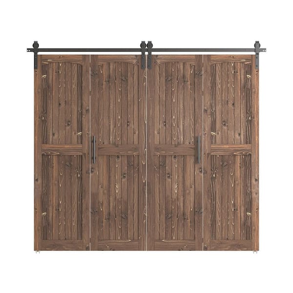 SANDING Assembled Arch Top 88 in. x 84 in. Solid Core Pine Wood Dark Walnut Double Bi-Fold Door With Hardware Kit