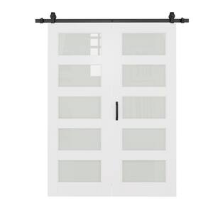 56 in. x 80 in. 5 Lite Tempered Frosted Glass White Primed MDF Bifold Sliding Barn Door with Hardware Kit
