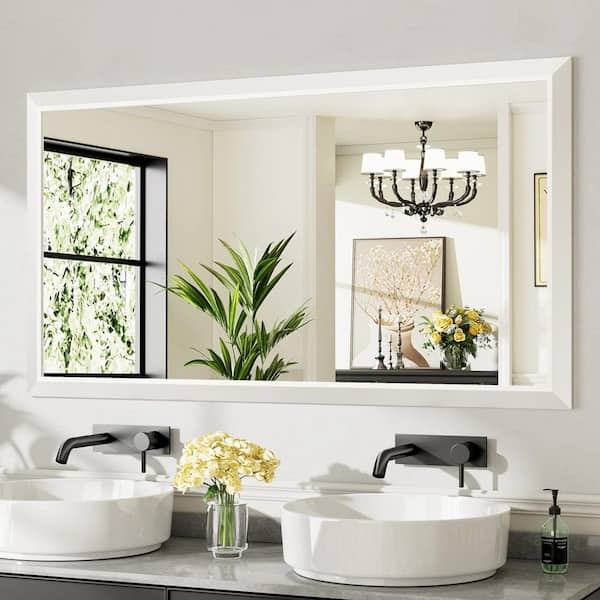 55 in. W x 30 in. H Rectangular Framed French Cleat Wall Mounted Tempered Glass Bathroom Vanity Mirror in White