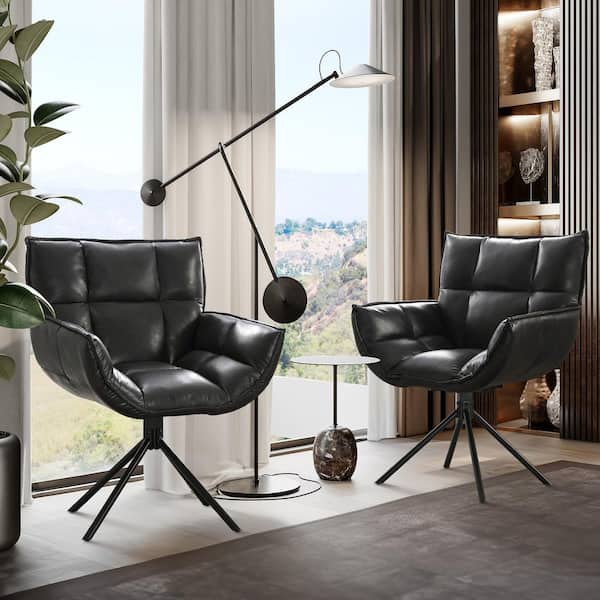 Black Faux Leather Upholstered Swivel Accent Arm Chairs Home Office Chairs (Set of 2)