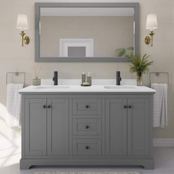 Wyndham Collection Avery 60 in. W x 22 in. D x 35 in. H Double Bath Vanity in Dark Gray with White Cultured Marble Top