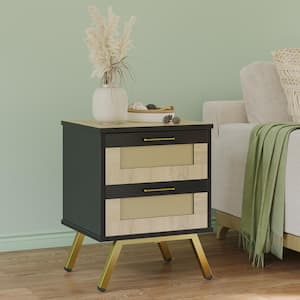 2-Drawers Black Modern Rattan Beside End Table Bedroom Nightstand with Gold Legs, Set of 2