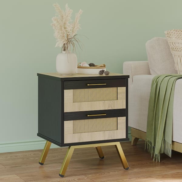 Bestier 2-Drawers Black Modern Rattan Beside End Table Bedroom Nightstand with Gold Legs, Set of 2