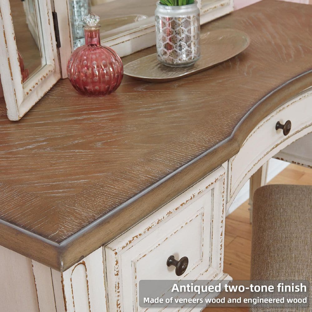 Rustic White 3-Drawer Vanity Set with Bench and Mirror