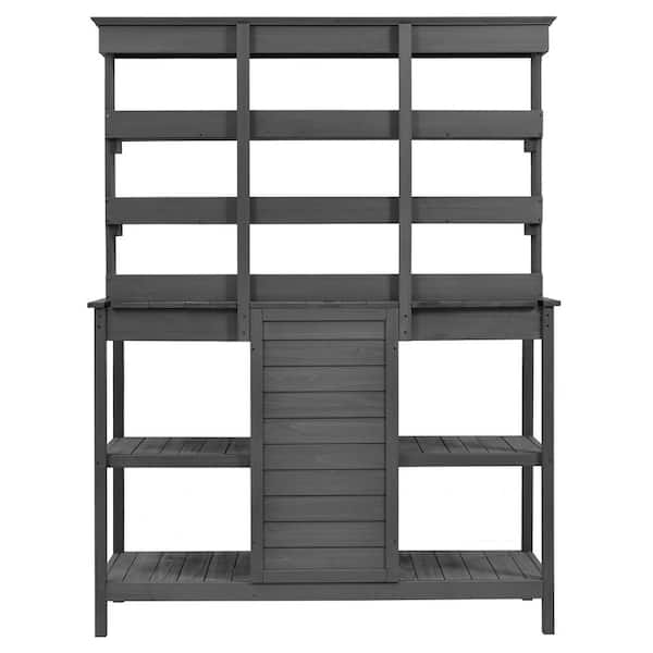 Sudzendf 50.2 in. W x 66 in. H Gray Outdoor Wood Potting Bench Table, Garden Workstation with 2-Drawers, Cabinet and Open Shelves