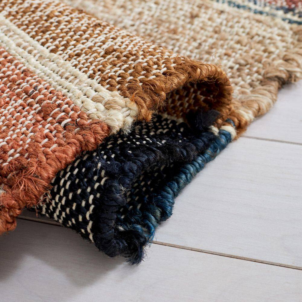Blue and Rust Handmade Wool Cotton Kilim Rug, 5' x 8'