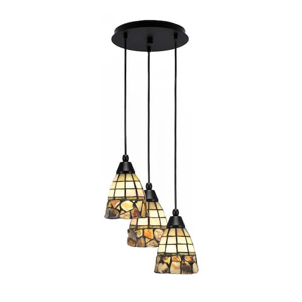 Unbranded Savannah 9.75 in. 3-Light Matte Black Cord Pendant Light Cobblestone Art Glass Shade