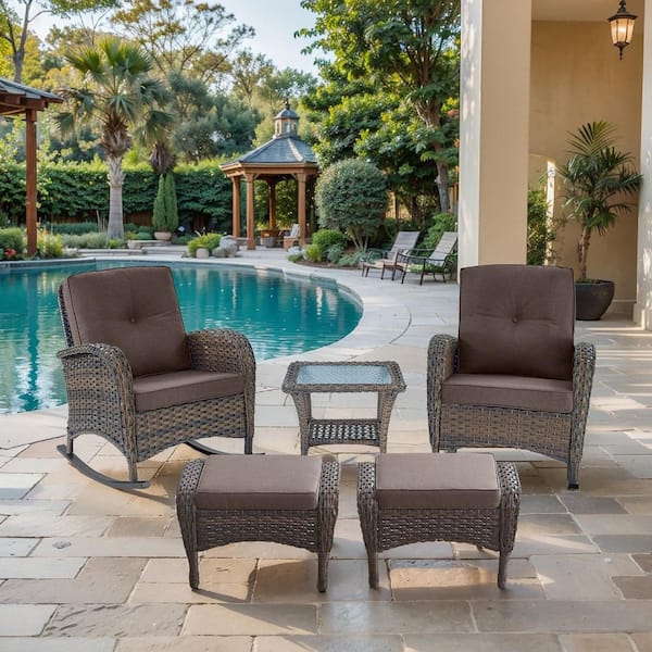 SleekArm 5-Piece Brown Wicker Outdoor Rocking Chair with Olefin Gray Cushion/Ottomans