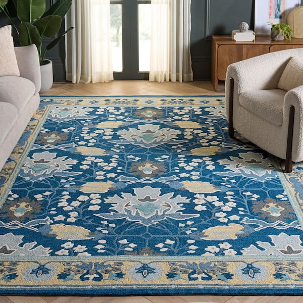 Earthly Treasures 9 ft. x 12 ft. Navy/Beige Oushak Floral Vine Area Rug