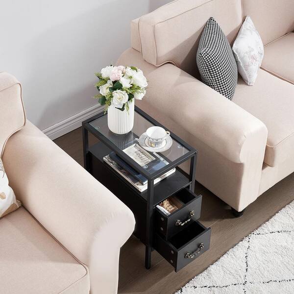 VECELO Black End Table Narrow Side Table 2-Drawers & Open