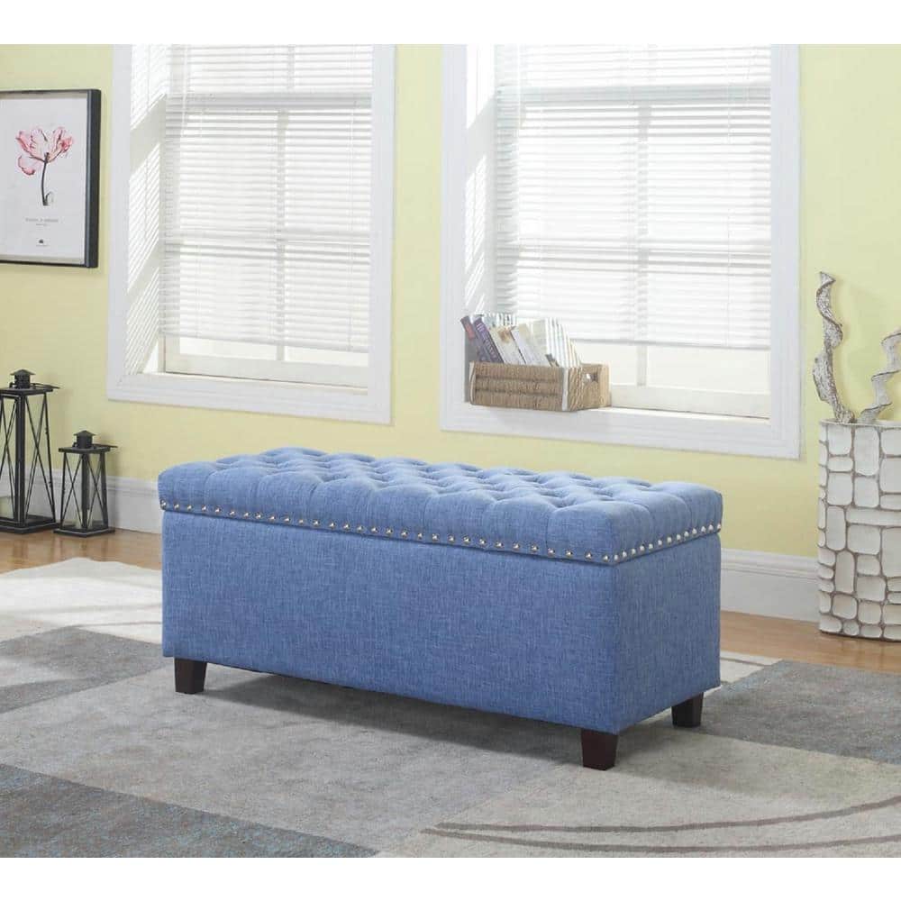 Blue Button Tufted Storage Ottoman with Nailhead Trim