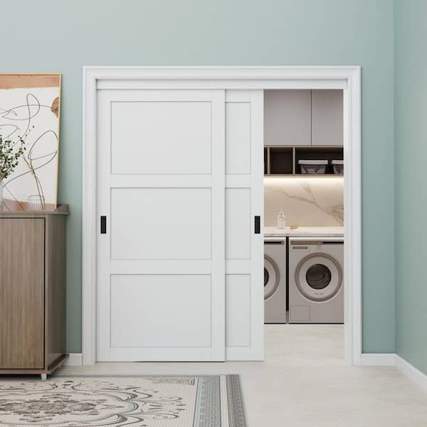 72 in. x 80 in. Paneled 3-Lite Blank Pattern White Primed MDF Sliding Door with Hardware and Black Handles
