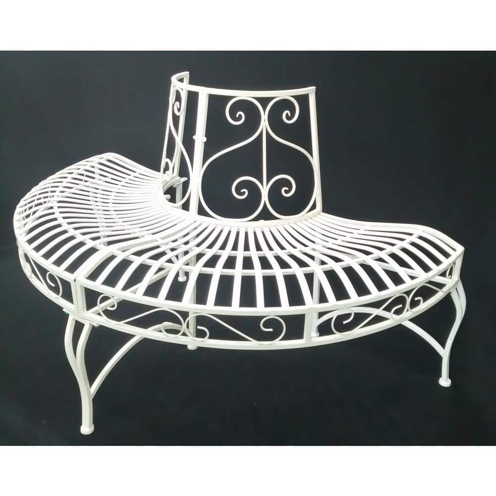 Elegant White Iron Semi-Circle Outdoor Bench