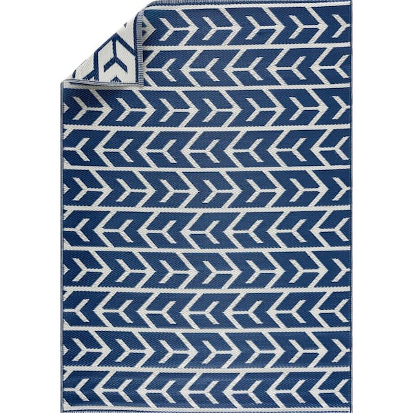 Navy and Creme 6 ft. X 9 ft. Size Amsterdam Design 100% Eco-friendly Lightweight Plastic Indoor/Outdoor Area Rug