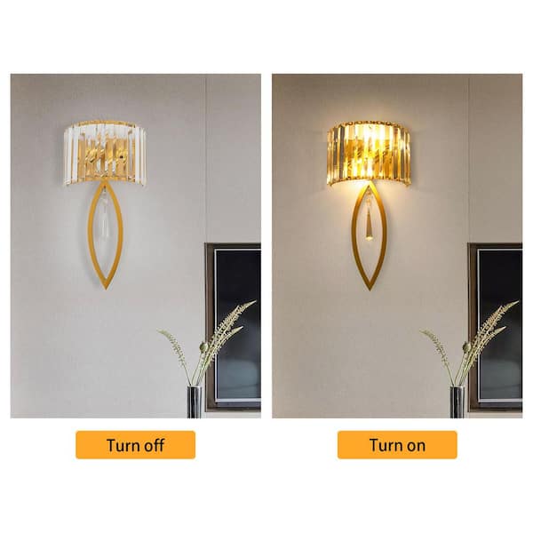 OUKANING 9 in. 2-Light Gold Modern Crystal Wall Sconce Wall