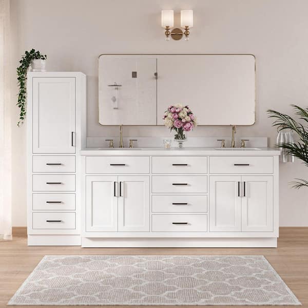 Hepburn 73 in. Double Sink Bath Vanity with Pure White Quartz Top and Linen Cabinet in White
