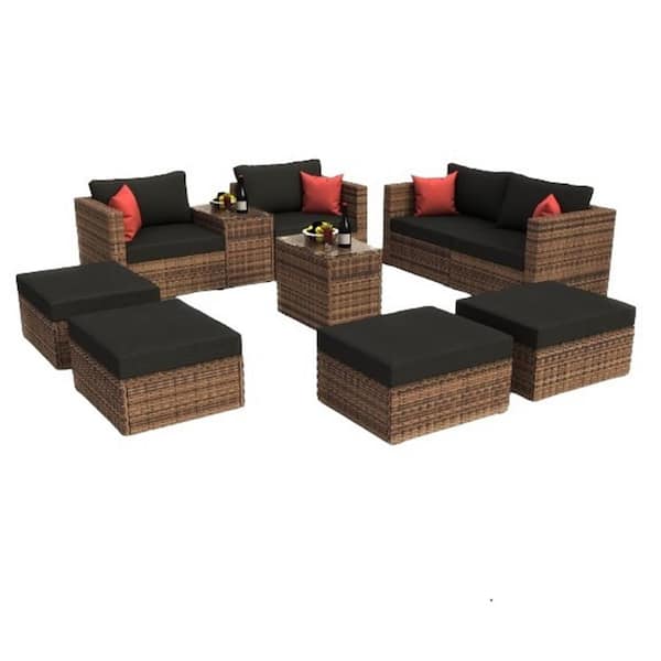 ITOPFOX Brown 10-Piece Wicker Outdoor Sectional Set with Cushion Guard Black Cushions, Pillows and Protection Cover
