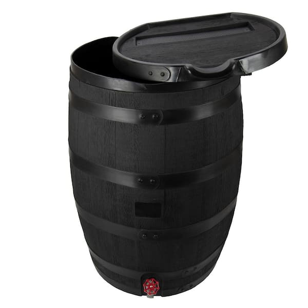 RTS Home Accents 55 Gal. Premium Flat Back Eco Rain Barrel with Removable Lid, Black Color