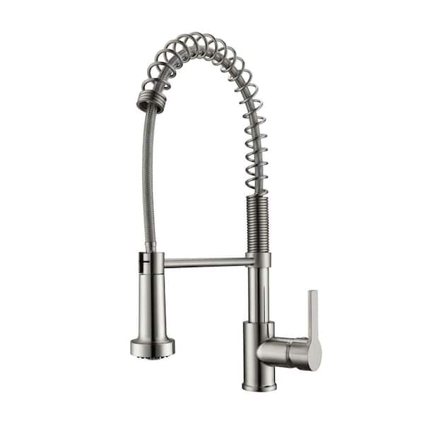 Barclay Products Niall Single Handle Deck Mount Spring Gooseneck Pull Down Spray Kitchen Faucet with Lever Handle 2 in Brushed Nickel