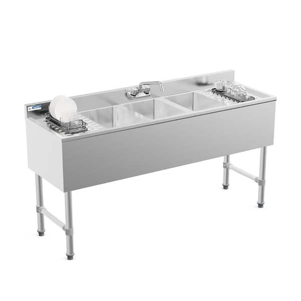 60 in. Freestanding Stainless Steel 3-Compartment Commercial Kitchen Sink with Double Drainboard